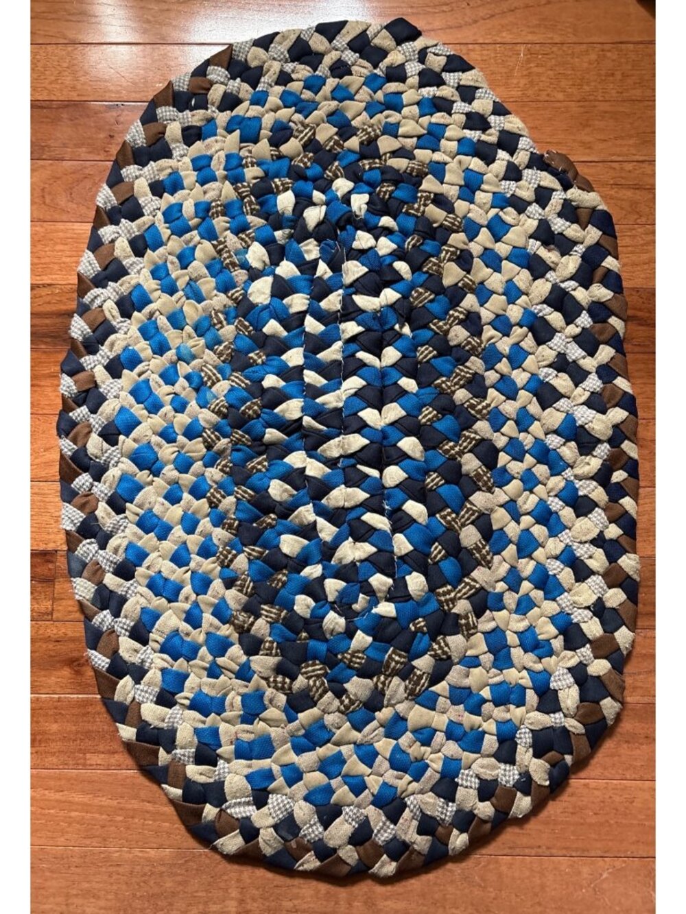 Braided Fabric Oval Rug 28x19" Blue Beige Brown Handmade Rustic Home Decor Accen
